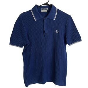 Fred Perry Waffle Polo Shirt Mens Size 40 Blue White Striped Logo Preppy Classic